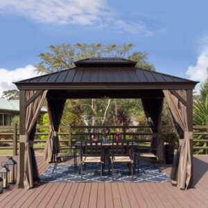 Alexander 10ftx12ft Dark Brown Double Roof Hardtop Gazebo with Curtain and Mosquito Netting
