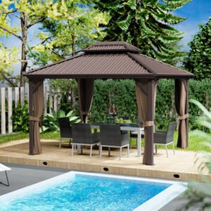 Kozyard Caesar Gray Double Roof Hardtop Gazebo with Privacy Curtain and Mosquito Netting